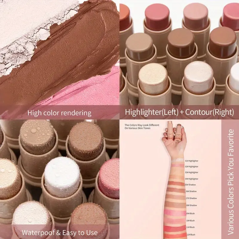 4-Pieces: Waterproof Cream Contour and Highlighter Kit with Brush