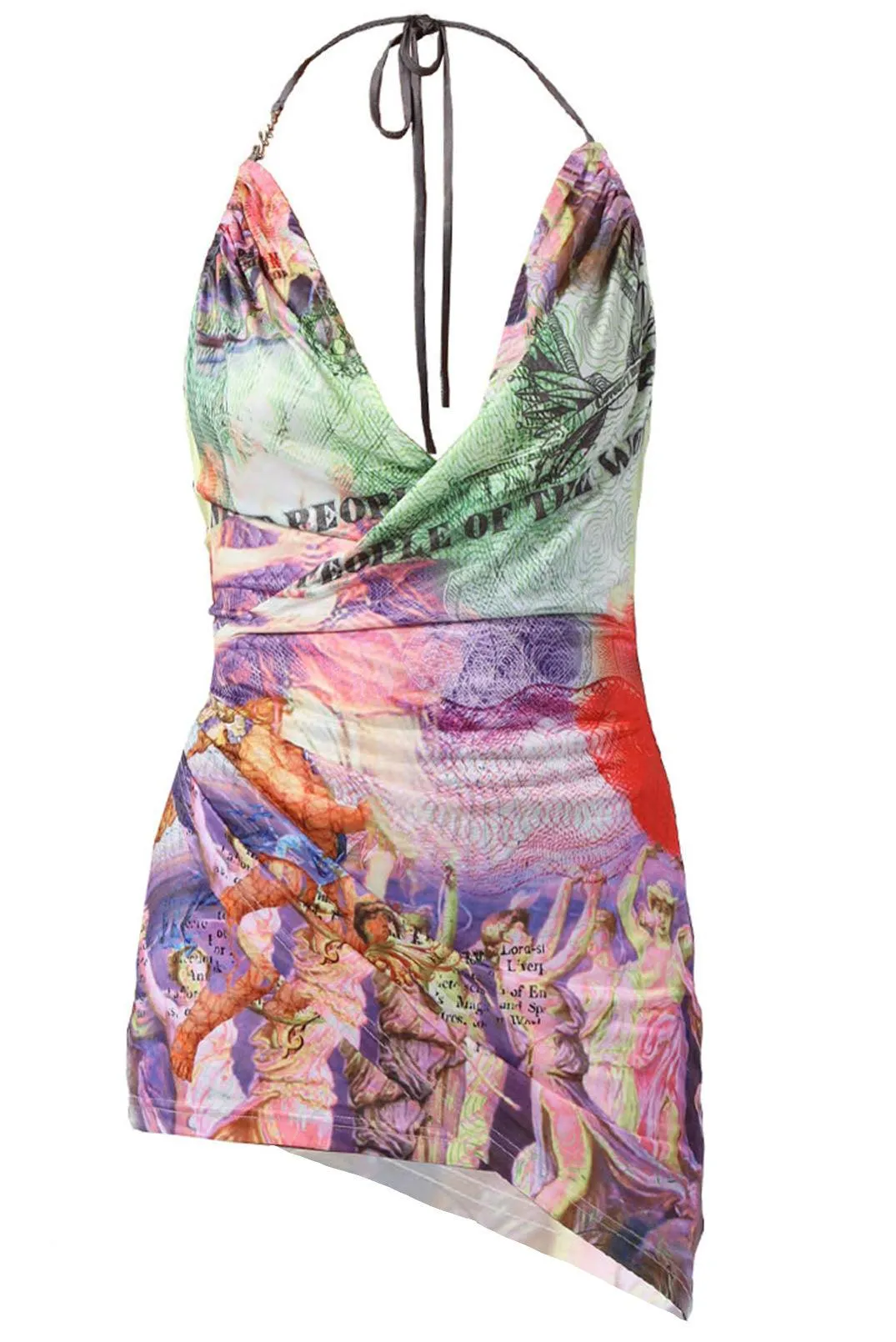 Money Talks Print Cowl Neck Halter Dress